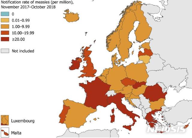 【세종=뉴시스】2017년 12월부터 지난해 11월까지 유럽 국가별 홍역환자 발생현황. (그래픽=질병관리본부 제공) photo@newsis.com