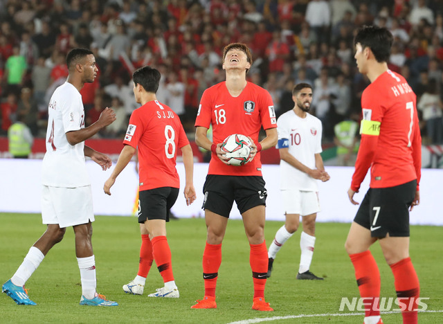 【아부다비(아랍에미리트)=뉴시스】김진아 기자 = 25일 오후(현지시간) 아랍에미리트 아부다비 자예드 스포츠 시티 스타디움에서 열린 AFC 아시안컵 8강전 한국과 카타르의 경기, 한국 황의조의 골이 오프사이드로 골로 인정되지 않자 아쉬워하고 있다. 2019.01.25.&nbsp; bluesoda@newsis.com
