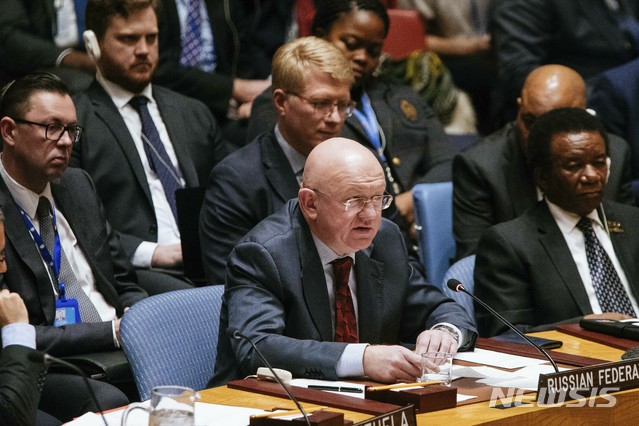 【유엔본부 = AP/뉴시스】지난 1월 26일 유엔안보리에서 베네수엘라 사태에 대해 발언하는 바실리 네벤쟈 러시아대사. 2019.02.15&nbsp; 