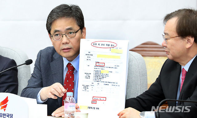 【서울=뉴시스】이종철 기자 = 29일 자유한국당 곽상도 의원이 서울 여의도 국회에서 열린 원내대책회의에서 문재인 대통령 딸 문다혜 씨 관련 사항에 대해 발언하고 있다. 2019.01.29.&nbsp; jc4321@newsis.com