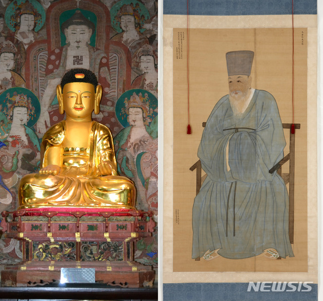 【천안=뉴시스】이종익 기자 = 충청남도 유형문화재 제244호로 지정된 천안 광덕사의 '목조석가여래삼불좌상 중 석가여래좌상(왼쪽)과 제245호 박장원 초상. 2019.01.30. (사진=천안시 제공)&nbsp; photo@newsis.com 