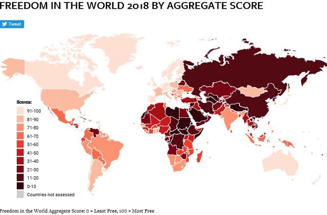 【서울=뉴시스】 프리덤하우스의 '2018 세계 자유 보고서' 도표. <출처: 프리덤하우스 홈페이지> 2019.02.05