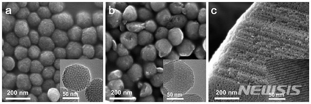 【대전=뉴시스】김양수 기자 = 서로 다른 다공성 구조를 가진 비(非)귀금속 연료전지촉매. 마이크로·메조·마크로 기공 모두를 가진 ‘계층적 다공 나노구조’ 촉매(a)와 마이크로·마크로 기공만 가진 촉매(b), 마이크로·메조 기공만을 가진 촉매(c). IBS 연구진은 전기화학 분석을 통해 3종류 기공을 모두 가진 비(非)귀금속 연료전지촉매(a)가 백금을 대체할 만한 높은 성능을 보인다는 것을 입증했다.2019.02.11(사진=IBS 제공) photo@newsis.com