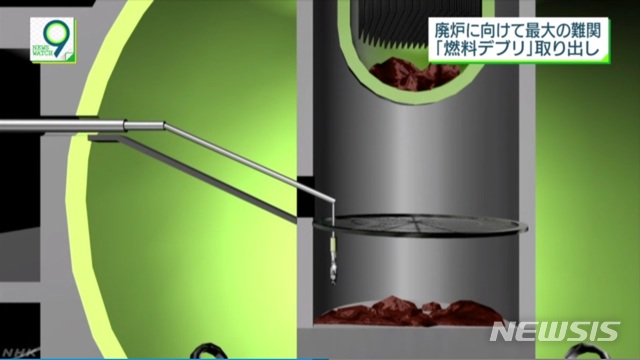 【서울=뉴시스】일본 후쿠시마 제1원전 원자로 격납용기 내부에 녹아내린 핵연료 찌꺼끼를 탐색하기 위해 투입한 로봇의 모습. 격납용기 측면에 구멍을 뚫어 막대 모양의 장치를 투입한 후, 장치 끝에 달린 집게 모양의 로봇이 용기 바닥으로 내려가 퇴적물을 들어올릴 수 있다.(사진출처: NHK 영상 캡쳐) 2019.02.14.