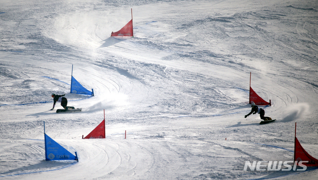 【평창=뉴시스】김경목 기자 = 2019 국제스키연맹(FIS) 스노보드 월드컵 평창 첫날 대회가 16일 오후 강원 평창군 봉평면 휘닉스 평창 평창동계올림픽 공식 코스 일명 이상호 슬로프에서 열린 가운데 여자 평행대회전(Parallea Giant Slalom, PGS) 예선전일 진행되고 있다. 2016.02.16.photo31@newsis.com