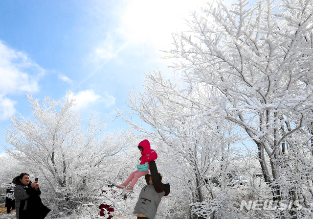【제주=뉴시스】우장호 기자 = 한낮에도 영하권의 추운 날씨를 보인 17일 제주 한라산 1100고지 탐방로에 상고대가 활짝펴 관광객들의 눈길을 사로잡고 있다. 상고대는 영하의 온도에서 대기 중에 있는 안개·서리 등의 미세한 물방울이 나무 등의 차가워진 물체와 만나 생기는 것으로 '나무서리'라고도 부른다. 2019.02.17. woo1223@newsis.com