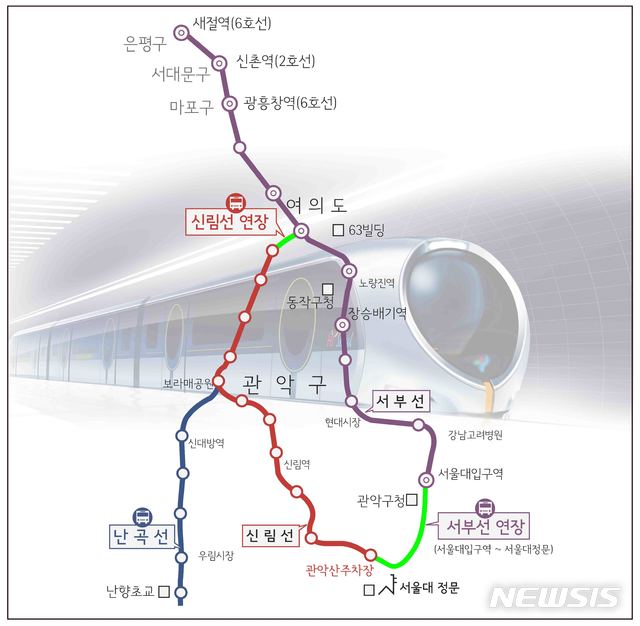 【서울=뉴시스】새절역에서 관악구 서울대입구역까지 이어지던 서부선경전철이 서울대정문 앞까지 연장돼 신림선경전철과 연결된다.2019.02.21. (노선도=관악구 제공)