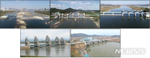 【세종=뉴시스】사진 위 왼쪽부터 금강 세종보·공주보·백제보. 아래 왼쪽부터 영산강 승촌보·죽산보. 2019.02.22. (사진= 환경부 제공) 