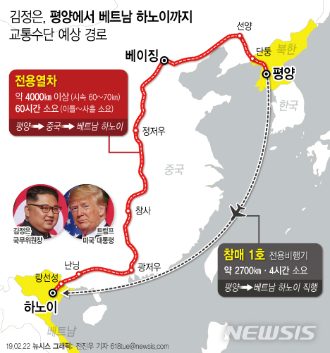 【서울=뉴시스】김정은 북한 국무위원장이 북미 2차 정상회담이 열리는 베트남 하노이까지 어떻게 이동할지 관심이 모아지고 있다. (그래픽=전진우 기자)  618tue@newsis.com 