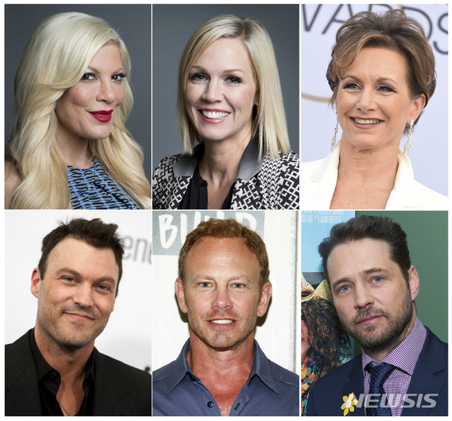 【AP/뉴시스】 미국 드라마 '베벌리힐스 아이들' 주연 배우들. 왼쪽부터 시계 방향으로 로 토리 스펠링, 제니 가스, 개브리엘 카레리스, 제이슨 프리스틀리, 아이안 지어링,&nbsp; 라이언 오스틴 그린,&nbsp; 