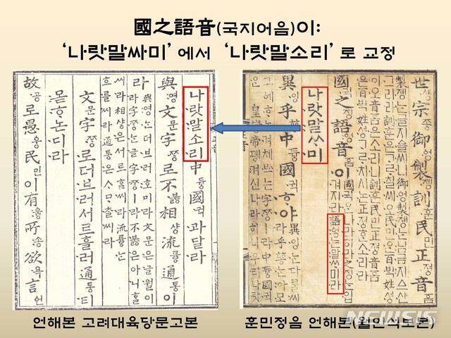 <사진> 월인석보의 훈민정음 언해본 중, “國之語音(국지어음)이”의 번역문인 ‘나랏말싸미’는 고려대육당문고본(박승빈본)에선 ‘나랏말소리’로 교정됨.