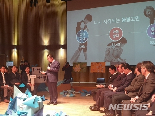 【서울=뉴시스】윤슬기 기자 = 박원순 서울시장이 6일 오후 2시 서울시청 다목적실에서 열린 '온마을 아이돌봄 정책보고 및 우리키움 참여단 출범식'에 참석해 정책보고를 발표하고 있다. 2019.03.06. yoonseul@newsis.com