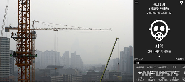 【서울=뉴시스】박주성 기자 = 수도권에 사상 처음으로 엿새째 미세먼지 비상저감조치가 발령된 가운데 6일 오후 마포구 소재 건설현장에서 여의도 파크원 건물 공사현장이 흐릿하게 보이고 있다.&nbsp; 이날 취재한 마포구 염리동의 미세먼지 농도는 178㎍/m³으로 최악의 수치를 보이고 있다. 2019.03.06. park7691@newsis.com