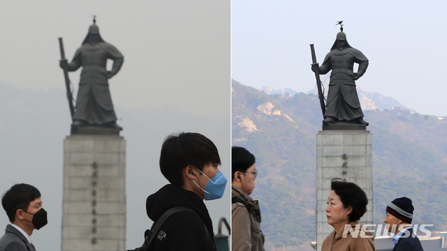 【서울=뉴시스】박주성 기자 = 초미새먼지 농도가 보통 수준을 회복한 7일 오전 서울 광화문사거리에 시민들이 마스크를 벗고 출근을 하고 있다. 사진 왼쪽은 수도권에 사상 처음으로 엿새째 미세먼지 비상저감조치가 발령된 6일 오전 같은 장소 출근길 모습. 2019.03.07. park7691@newsis.com