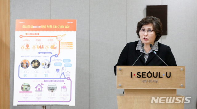 【서울=뉴시스】김선웅 기자 = 문미란 서울시 여성가족정책실장이 7일 오전 서울시청 브리핑룸에서 성평등 추진계획을 발표하고 있다. 서울시는 3.8 세계여성의날을 맞아 '3.8 성평등도시 서울 추진계획'을 발표했다. 이번 계획은 경제분야에서 성평등 노동환경 조성, 안전분야에서 여성 안심환경 조성, 성평등 분야에서 일상 속 성평등 인식 확산 7대사업으로 추진된다. 2019.03.07. mangusta@newsis.com