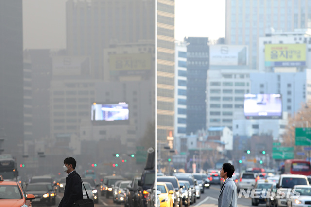 【서울=뉴시스】박미소 수습기자 = 서울의 미세먼지 수준이 '보통'으로 회복된 7일 오후 서울 종로구 광화문 사거리에서 본 시야(오른쪽)가 상대적으로 깨끗해보인다.&nbsp; 사진은 닷새째 미세먼지 비상저감조치가 발령된 5일 서울 종로구 광화문 사거리(왼쪽)와 미세먼지가 보통으로 회복된 7일 서울 종로구 광화문 사거리를 이어붙였다.2019.03.07.&nbsp; misocamera@newsis.com 