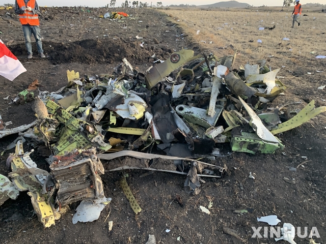 【아디스아바바=신화/뉴시스】10일(현지시간) 에티오피아 수도 아디스아바바 남동쪽 60km가량 떨어진 비쇼프투 마을 부근 항공기 추락 현장에서 구조대원들이 현장을 살피고 있다. 승객과 승무원 157명을 태우고 에티오피아를 떠나 케냐 나이로비로 향하던 에티오피아 항공 보잉 '737-800 맥스' 여객기가 추락해 157명이 전원이 숨졌다고 항공사가 밝혔다. 2019.03.11. 