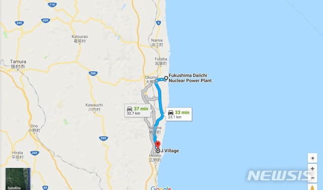 【서울=뉴시스】2020년 도쿄올림픽·패럴림픽 성화봉송 출발지로 결정된 J빌리지는 후쿠시마 제1원전에서 20여㎞, 자동차로 30여분 걸리는 곳에 위치해 있다.(사진출처: 구글맵 캡쳐)2019.03.13.