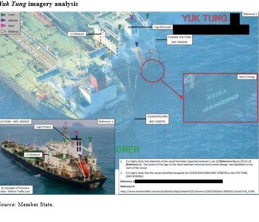 【서울=뉴시스】유엔 안보리 대북제재위원회 전문가 패널은 12일(현지시간)발표한 보고서에서 북한의 제재위반 행위가 여전히 일어나고 있다고 밝혔다. 사진은 2018년 10월 28일 북한의 불법환적에 동원된 북한 육퉁호의 모습.&nbsp; <출처=유엔 안보리 대북제제위 보고서 캡처> 2019.03.13