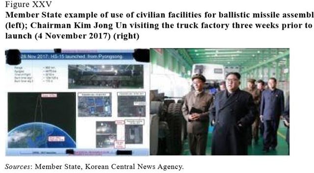 【서울=뉴시스】유엔 안보리 대북제재위원회 전문가 패널은 12일(현지시간)발표한 보고서에서 북한의 제재위반 행위가 여전히 일어나고 있다고 밝혔다. 사진은 2017년 11월 4일 김정은 국무위원장이 트럭공장을 방문했을 당시의 모습. 북한이 탄도미사일을 발사하기 3주전이다. 보고서는 북한이 탄도미사일 조립시설을 이 공장에 은닉한 것으로 추정했다.&nbsp; <출처=유엔 안보리 대북제제위 보고서 캡처> 2019.03.12