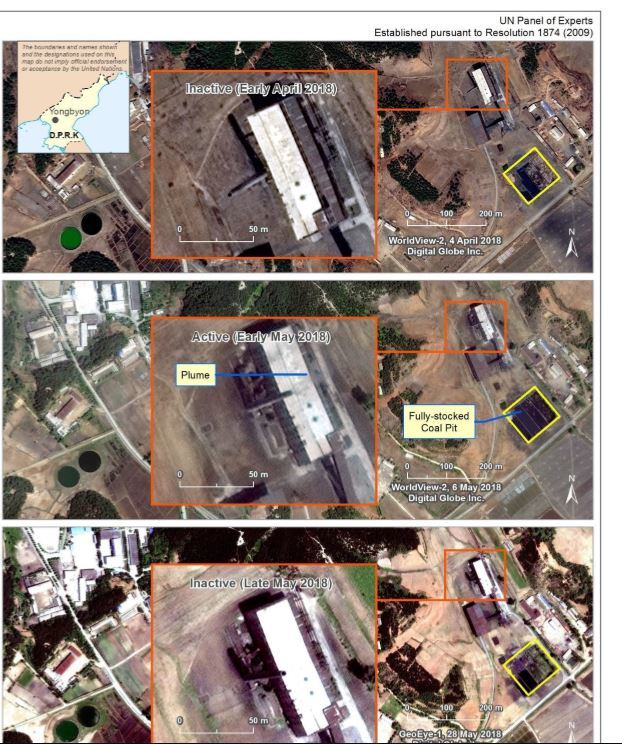 【서울=뉴시스】유엔 안보리 대북제재위원회 전문가 패널은 12일(현지시간)발표한 보고서에서 북한의 제재위반 행위가 여전히 일어나고 있다고 밝혔다. 사진은 영변 5MW 원자로의 활동을 포착한 것이다. 2018년 5월초 촬영된 가운데 사진에 연기가 나오고 석탄이 가득 적재돼있는 것이 보인다. 보고서는 영변 원자로가 지난 2018년 2월과 4월, 4월 중에는 며칠동안 운영을 멈췄다면서, 이는 시설 유지를 위한 활동으로 보인다고 밝혔다. 지난해 9월과 10월에도 약 2개월간 원자로 운영이 중단됐는데, 이 때 폐연료봉 인출이 이뤄졌을 수 있다고 지적했다.&nbsp; <출처=유엔 안보리 대북제제위 보고서 캡처> 2019.03.12