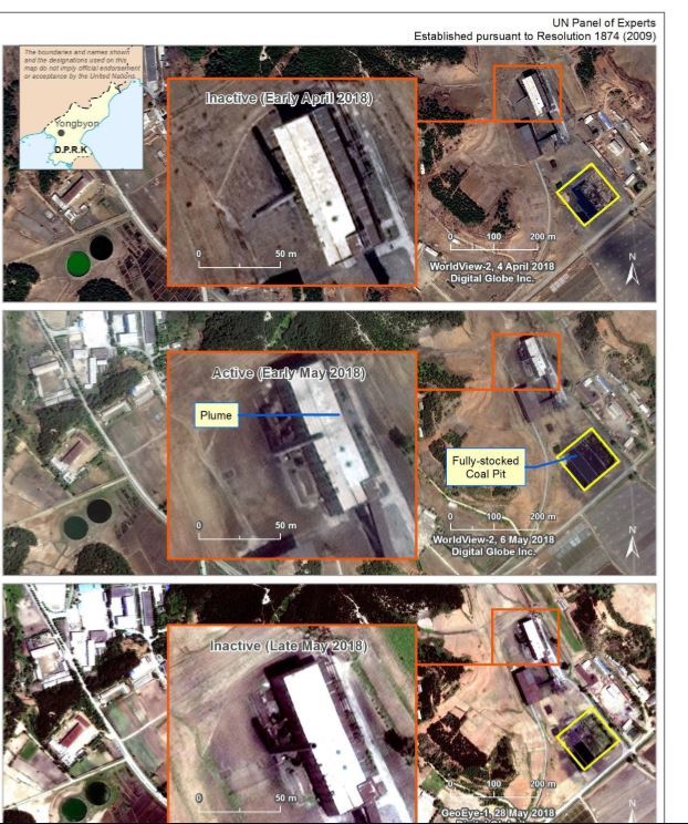 【서울=뉴시스】유엔 안보리 대북제재위원회 전문가 패널은 12일(현지시간)발표한 보고서에서 북한의 제재위반 행위가 여전히 일어나고 있다고 밝혔다. 사진은 영변 5MW 원자로의 활동을 포착한 것이다. 2018년 5월초 촬영된 가운데 사진에 연기가 나오고 석탄이 가득 적재돼있는 것이 보인다. 보고서는 영변 원자로가 지난 2018년 2월과 4월, 4월 중에는 며칠동안 운영을 멈췄다면서, 이는 시설 유지를 위한 활동으로 보인다고 밝혔다. 지난해 9월과 10월에도 약 2개월간 원자로 운영이 중단됐는데, 이 때 폐연료봉 인출이 이뤄졌을 수 있다고 지적했다.  <출처=유엔 안보리 대북제제위 보고서 캡처> 2019.03.13