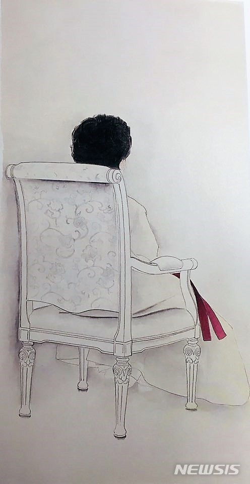 【서울=뉴시스】 박현주 미술전문기자 = 고 노무현 전 대통령 부인, 권양숙 여사의 뒷모습. 뒤를 보다,종이에 수묵채색,143.5*74 cm,2018