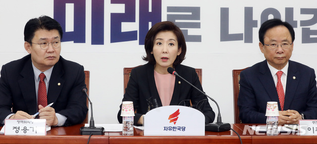 【서울=뉴시스】박영태 기자 = 13일 오전 서울 영등포구 여의도 국회에서 열린 자유한국당 원내대표·중진의원 연석회의에서 나경원 원내대표가 발언하고 있다. 2019.03.13.since1999@newsis.com