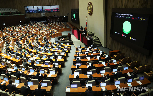 【서울=뉴시스】홍효식 기자 = 서울 여의도 국회에서 열린 본회의에서 공교육 정상화 촉진 및 선행교육 규제에 관한 특별법 일부개정법률안이 재석 227인 중 찬성 221인, 기권 6인으로 통과되고 있다. 2019.03.13. yesphoto@newsis.com
