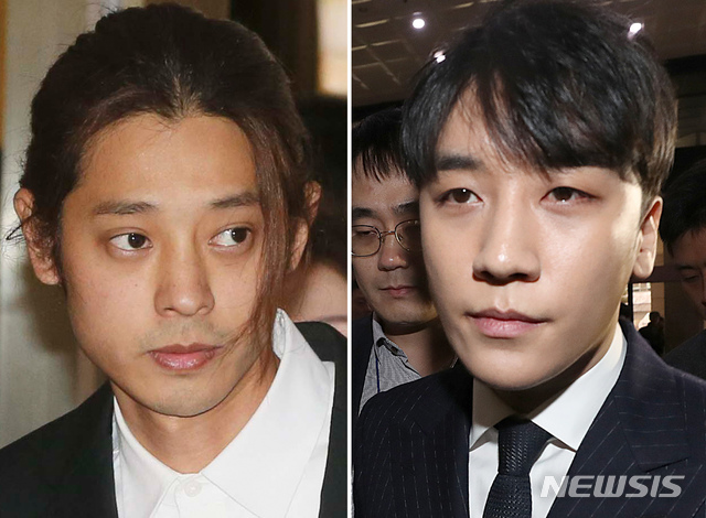 【서울=뉴시스】 박주성 기자= 성관계 동영상 불법 촬영,유포 논란을 빚은 가수 정준영(왼쪽)과 성 접대 의혹이 불거진 빅뱅 멤버 승리(본명 이승현)가 14일 서울지방경찰청으로 피의자 신분으로 조사 받기 위해 출석하고 있다. 2019.03.14.  photo@newsis.com 