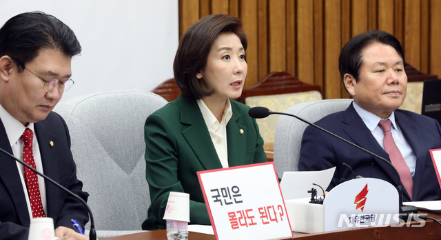 【서울=뉴시스】박영태 기자 = 19일 오전 서울 영등포구 여의도 국회에서 열린 자유한국당 원내대책회의에서 나경원 원내대표가 발언하고 있다. 2019.03.19.since1999@newsis.com