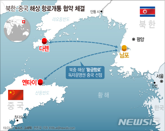 【서울=뉴시스】20일 중국 크루즈선사인 발해륜도유한공사는 이날 북한 남포특별시 정부와 협력약정서를 체결했다. (그래픽=전진우 기자)&nbsp; 618tue@newsis.com 