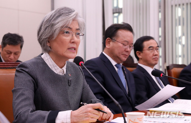 【서울=뉴시스】홍효식 기자 = 강경화 외교부 장관이 21일 오전 서울 여의도 국회 본청 외교통일위원회 회의실에서 열린 남북경제협력특별위원회 전체회의에서 의원들 질의에 답하고 있다. 왼쪽부터 강경화 외교부 장관, 김부겸 행정안전부 장관, 조명균 통일부 장관. 2019.03.21.&nbsp; yesphoto@newsis.com