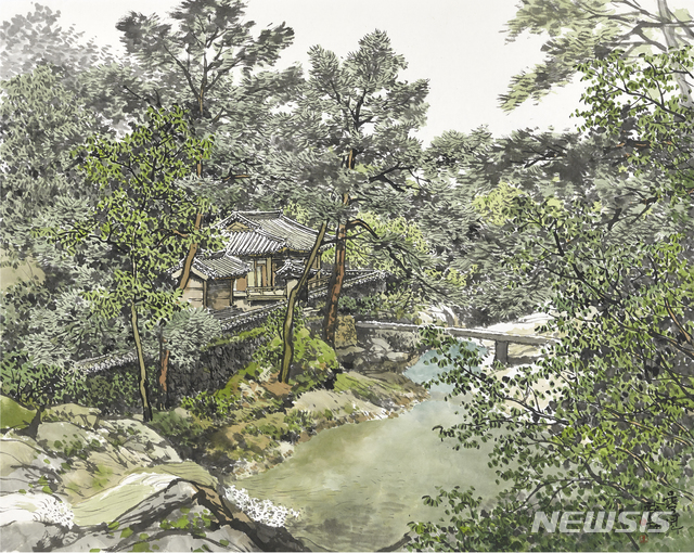 【서울=뉴시스】오용길, 성하-만휴정,58x73cm,화선지에 먹과 채색,2018년