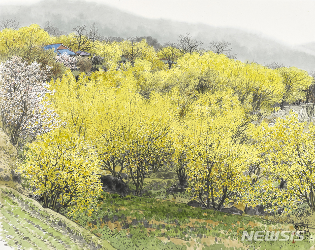 【서울=뉴시스】 오용길, 봄의 기운-산동,58x73cm,화선지에 먹과 채색,2019년