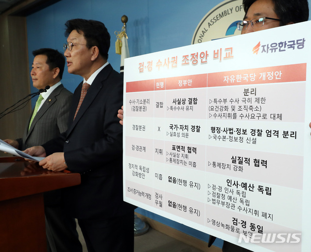 【서울=뉴시스】박영태 기자 = 권성동 자유한국당 사법개혁특별위원회 위원장이 지난 26일 서울 영등포구 여의도 국회 정론관에서 자유한국당 검경수사권 조정방안을 발표하고 있다. 2019.03.26. since1999@newsis.com