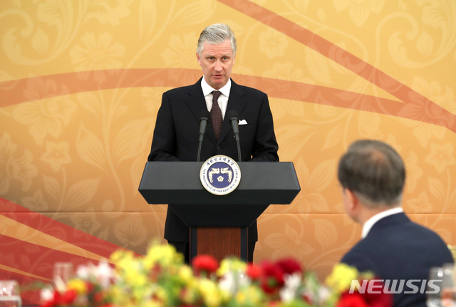 【서울=뉴시스】박진희 기자 = 필립 국왕이 26일 청와대 영빈관에서 '필립 벨기에 국왕 내외 국빈방문 환영만찬'에 참석하여 건배사를 하고 있다. 2019.03.26.pak7130@newsis.com