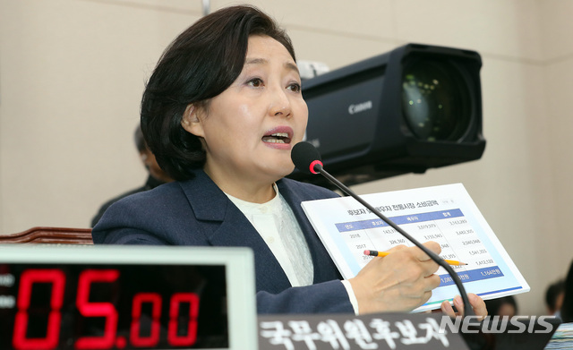 【서울=뉴시스】이종철 기자 = 박영선 중소벤처기업부장관 후보자가 27일 서울 여의도 국회에서 열린 산업통상자원중소벤처기업위원회 전체회의 인사청문회에서 '전통시장 소비금액' 보드판을 보여주며 답변을 하고 있다. 2019.03.27.&nbsp; jc4321@newsis.com