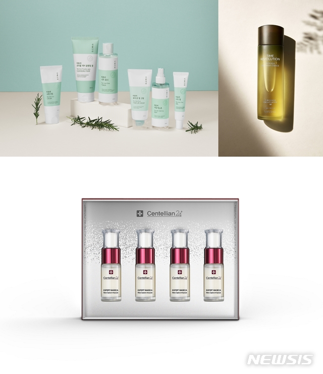 【서울=뉴시스】식물나라 '티트리 라인', 미샤 '타임 레볼루션 아르테미시아 트리트먼트 에센스', 동국제약 센텔리안24 '엑스퍼트 마데카 멜라 캡처 앰플'. 2019.03.28.(사진= 각사 제공)photo@newsis.com