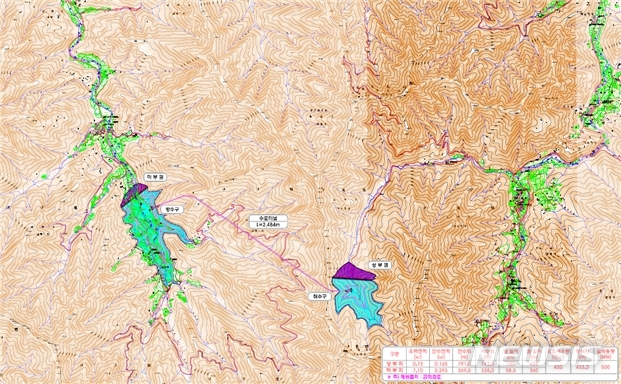 【영동=뉴시스】이성기 기자 = 한국수력원자력이 신규 양수발전소 건설 예비후보지로 선정한 충북 영동군 상촌면 고자리 상부댐과 양강면 산막리 하부댐 위치도.2019.03.29.(사진=영동군 제공)  photo@newsis.com