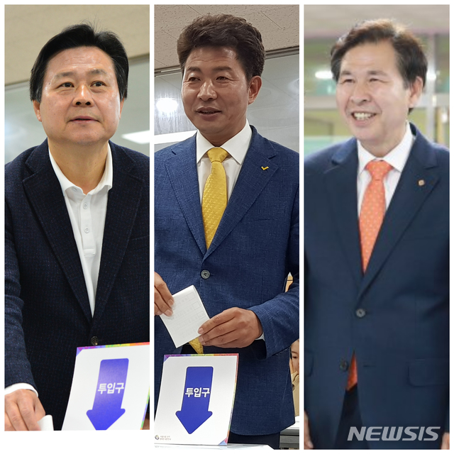 【창원=뉴시스】김기진 기자 = 4·3 국회의원 보궐선거 사전투표가 창원성산, 통영고성 지역구에서 29일 시작된 가운데 (왼쪽부터) 자유한국당 강기윤 후보, 정의당 여영국 후보, 민중당 손석형 후보가 사전투표를 하고 있다. 2019.03.29.sky@newsis.com