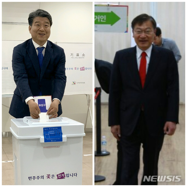 【통영=뉴시스】신정철 기자 = 4·3 국회의원 보궐선거 사전투표가 창원성산, 통영고성 지역구에서 29일 시작된 가운데 (왼쪽부터) 통영고성 지역구에 출마한 더불어민주당 양문석 후보, 자유한국당 정점식 후보가 사전투표를 하고 있다. 2019.03.29.sin@newsis.com