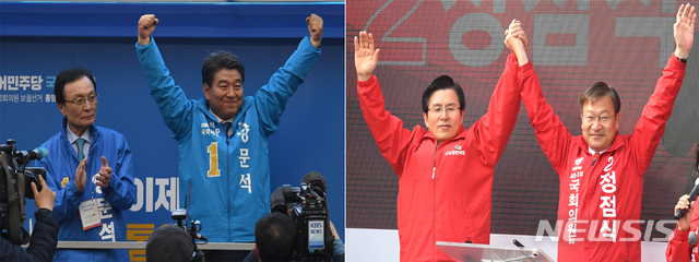 【통영·고성=뉴시스】차용현 기자 = 29일 오후 경남 통영시를 방문한 더불어민주당 이해찬 대표(왼쪽 사진 왼쪽)가 4.3 국회의원 보궐선거 통영·고성 선거구에 출마한 양문석 후보와 함께 유세차량에 올라 지지를 호소하고 있다. 이날 오전 자유한국당 황교안 대표(오른쪽 사진 왼쪽)는 경남 고성군을 방문해 같은 당 정점식 후보의 지원유세에 나섰다. 2019.03.29. con@newsis.com