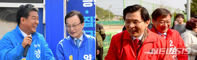 【통영·고성=뉴시스】차용현 기자 = 30일 오전 경남 고성군을 방문한 더불어민주당 이해찬 대표(왼쪽 사진 오른쪽)가 4.3 국회의원 보궐선거 통영·고성 선거구에 출마한 양문석 후보와 함께 유세차량에 올라 환한 웃음으로 시민들에게 화답하고 있다. 이날 자유한국당 황교안 대표(오른쪽 사진 왼쪽)는 경남 통영시 한 그라운드 골프대회장을 방문해 같은 당 정점식 후보의 지원유세를 이어갔다. 2019.03.30.&nbsp;&nbsp; con@newsis.com 