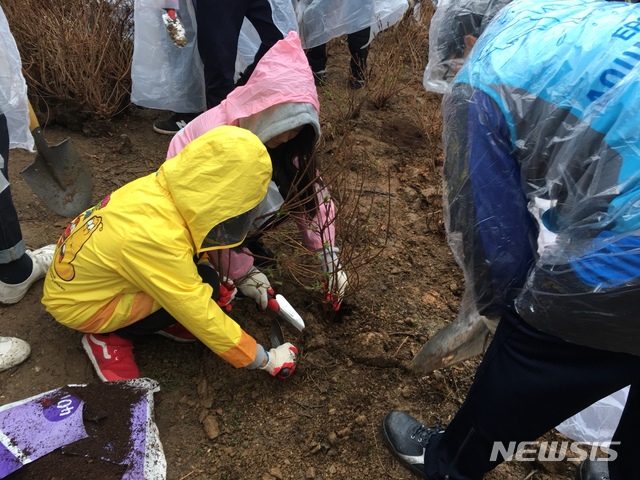 【서울=뉴시스】 지난해 강서구 식목행사에 참여한 아이들이 우의를 입고 나무를 심고 있다. 2019.04.01. (사진= 강서구 제공)