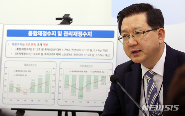【세종=뉴시스】강종민 기자 = 이승철 기획재정부 재정관리관이 지난 1일 정부세종청사에서 2018 회계연도 국가결산보고서 주요내용을 설명하고 있다. 지난해 재정수지는 법인 실적 개선, 자산시장 호조 등 세수실적 증가로 3년 연속 개선되는 추세를 보였고, 국가채무는 전년대배 20.5조 증가한 것으로 나타났다. 2019.04.02. ppkjm@newsis.com