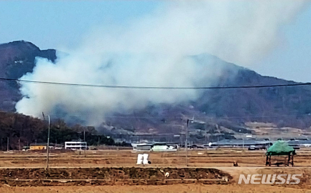 【구미=뉴시스】박홍식 기자 = 3일 오전 10시 45분께 경북 구미시 선산읍 내고리 야산에서 산불이 발생해 소방당국이 진화작업을 하고 있다. 2019.04.03 (사진=독자제공) photo@newsis.com