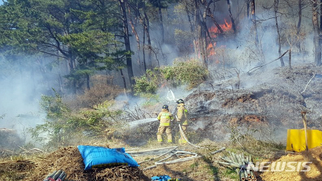 【부산=뉴시스】 지난 3일 오전 부산 해운대구 운봉산 일대 산불 현장에서 소방대원들이 이틀째 진화작업을 하고 있다. 2019.04.03. (사진=부산소방본부 제공) photo@newsis.com