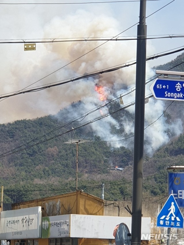 【아산=뉴시스】이종익 기자 = 4일 오전 11시 48분께 충남 아산시 송악면 설화산 6부 능선에서 불이 나 소방당국이 진화작업을 펼치고 있다.&nbsp; 2019.04.04. (사진=뉴시스 독자 제공)photo@newsis.com