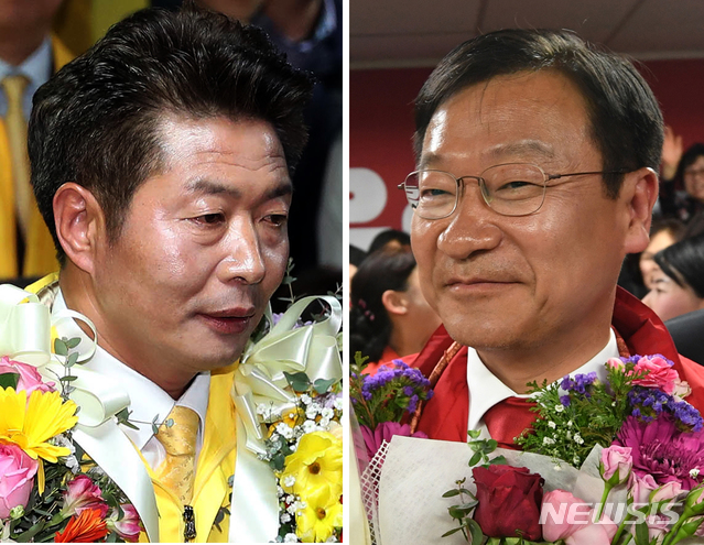 【창원·통영=뉴시스】추상철·차용현 기자 = 4.3 국회의원 보궐선거 창원·성산선거구에서 당선된 정의당 여영국(왼쪽) 당선인이 3일 오후 경남 창원시 성산구 선거사무실에서, 통영·고성 선거구에서 자유한국당 정점식(오른쪽) 당선인이 같은 날 경남 통영시 북신동 선거사무실에서 꽃다발을 받고 소감을 밝히고 있다. 2019.04.03. scchoo@newsis.com
